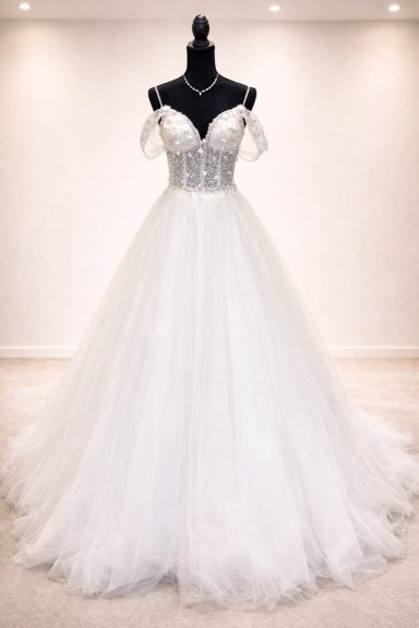 Vit brudklänning med paljetter och avtagbara axelband, prinsessmodell.