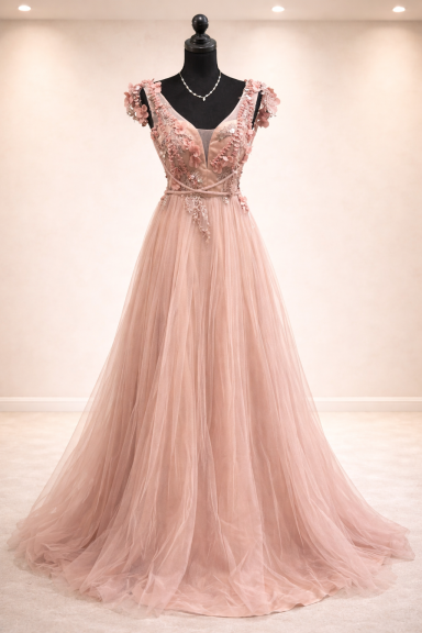 Lång, rosa klänning med spetsdetaljer och puffärmar.