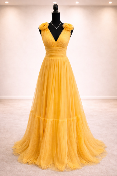 Gul klänning med blommor vid axlarna och skir kjol.