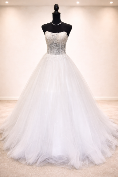 Vitt brudklänning med strapless design och voluminöst tyllkjol.