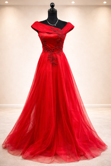 Röd aftonklänning med ärmlösa axlar och volangkjol.